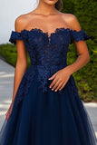 Navy Tulle Off the Shoulder A-Line Abito da ballo lungo con Appliques