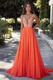 Arancione chiffon Spaghetti Straps A-Line Abito lungo da ballo con applicazioni in pizzo