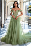 Dusty Sage Tulle Off the Shoulder A-Line Abito da ballo lungo con applicazioni in pizzo