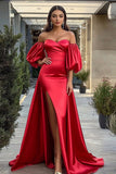 Abito lungo da ballo in raso rosso A-Line con fessura