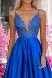 Royal Blue Satin profondo scollo a V A-Line lungo abito da ballo con applique