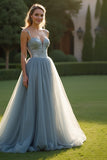 Grigio Blu Tulle Spaghetti Straps A-Line Abito da ballo lungo con paillettes