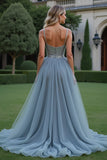 Grigio Blu Tulle Spaghetti Straps A-Line Abito da ballo lungo con paillettes