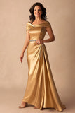 Oro Off La Spalla Guaina In Raso Lungo Madre Del Vestito Da Sposa