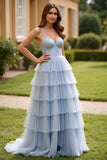 Scintillante azzurro Spaghetti Straps Tiered lungo Abito da Cerimonia con paillettes