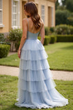 Scintillante azzurro Spaghetti Straps Tiered lungo Abito da Cerimonia con paillettes