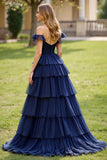Navy A Line Off the Spalla Tiered Abito da ballo lungo con fessura