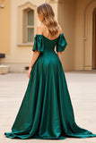 Verde scuro Off the Shoulder Puff Sleeves Abito da ballo lungo in raso con fessura