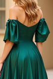 Verde scuro Off the Shoulder Puff Sleeves Abito da ballo lungo in raso con fessura