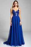 Scintillante Royal Blue Spaghetti Straps Chiffon Abito lungo da ballo con paillettes