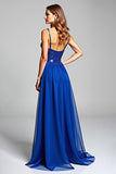 Scintillante Royal Blue Spaghetti Straps Chiffon Abito lungo da ballo con paillettes