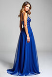 Scintillante Royal Blue Spaghetti Straps Chiffon Abito lungo da ballo con paillettes