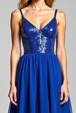 Scintillante Royal Blue Spaghetti Straps Chiffon Abito lungo da ballo con paillettes
