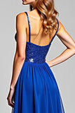Scintillante Royal Blue Spaghetti Straps Chiffon Abito lungo da ballo con paillettes