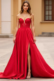 Rosso A Line Lace Sweetheart lungo Abito da Cerimonia con fessura