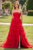 Senza spalline Tiered Red Tulle A Line Abito da Cerimonia con fessura