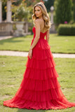 Senza spalline Tiered Red Tulle A Line Abito da Cerimonia con fessura