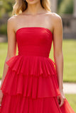 Senza spalline Tiered Red Tulle A Line Abito da Cerimonia con fessura