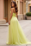 Tulle A Line Yellow Spaghetti Straps Abito da ballo a pieghe