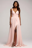 Rosa Organza plissettato una linea Spaghetti Straps Abito da Cerimonia con fessura