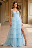 Cielo Blu Tulle Tiered Spaghetti Straps A Line Abito da Cerimonia