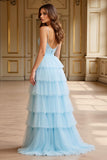 Cielo Blu Tulle Tiered Spaghetti Straps A Line Abito da Cerimonia
