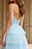 Cielo Blu Tulle Tiered Spaghetti Straps A Line Abito da Cerimonia