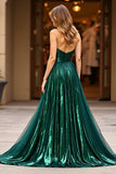 Glitter verde scuro una linea senza spalline increspato Abito da Cerimonia con fessura