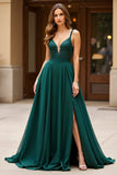 Chiffon pizzo una linea verde scuro Spaghetti Straps Abito da Cerimonia con fessura