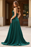 Chiffon pizzo una linea verde scuro Spaghetti Straps Abito da Cerimonia con fessura