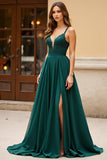 Chiffon pizzo una linea verde scuro Spaghetti Straps Abito da Cerimonia con fessura