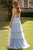 Sparkly grigio blu paillettes tulle spaghetti straps abito da ballo con fessura