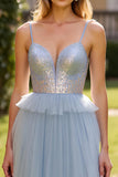 Sparkly grigio blu paillettes tulle spaghetti straps abito da ballo con fessura