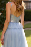 Sparkly grigio blu paillettes tulle spaghetti straps abito da ballo con fessura