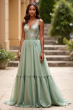 Paillettes scintillanti Dusty Sage Organza A Line V Neck Abito da Cerimonia