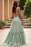 Paillettes scintillanti Dusty Sage Organza A Line V Neck Abito da Cerimonia
