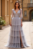 Grigio Tulle A Line Maniche Lunghe Tiered Abito Da Ballo Lungo