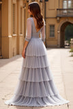 Grigio Tulle A Line Maniche Lunghe Tiered Abito Da Ballo Lungo