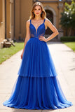 Royal Blue A Line Tulle Lace Spaghetti Straps Abito da Cerimonia con perline