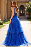 Royal Blue A Line Tulle Lace Spaghetti Straps Abito da Cerimonia con perline