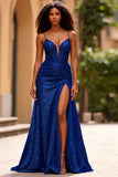 Scintillante paillettes blu scuro Spaghetti Straps Abito da Cerimonia con fessura