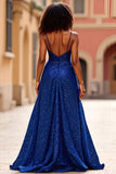 Scintillante paillettes blu scuro Spaghetti Straps Abito da Cerimonia con fessura