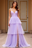 Lilla tulle Spaghetti Straps Tiered Abito da Cerimonia con fessura