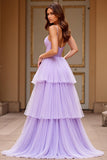 Lilla tulle Spaghetti Straps Tiered Abito da Cerimonia con fessura