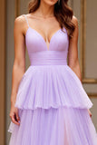 Lilla tulle Spaghetti Straps Tiered Abito da Cerimonia con fessura