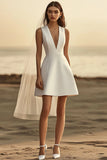 Bianco A Line V-Neck Abito da sposa corto
