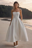 Abito da sposa senza spalline in raso bianco A Line