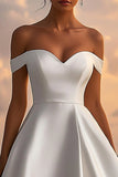Satin Off The Shoulder Tea Length Abito da sposa bianco
