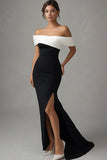 Matte Satin Mermaid Off the Shoulder Black Tie Dress con fessura