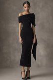 Guaina Off The Shoulder Increspato Black Tie Dress